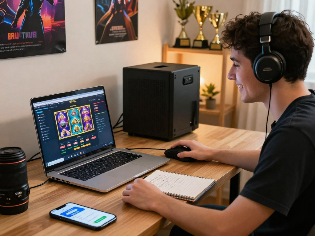Jogador animado usando a plataforma SPBET em casa com jogos ao vivo e acessórios de jogo.