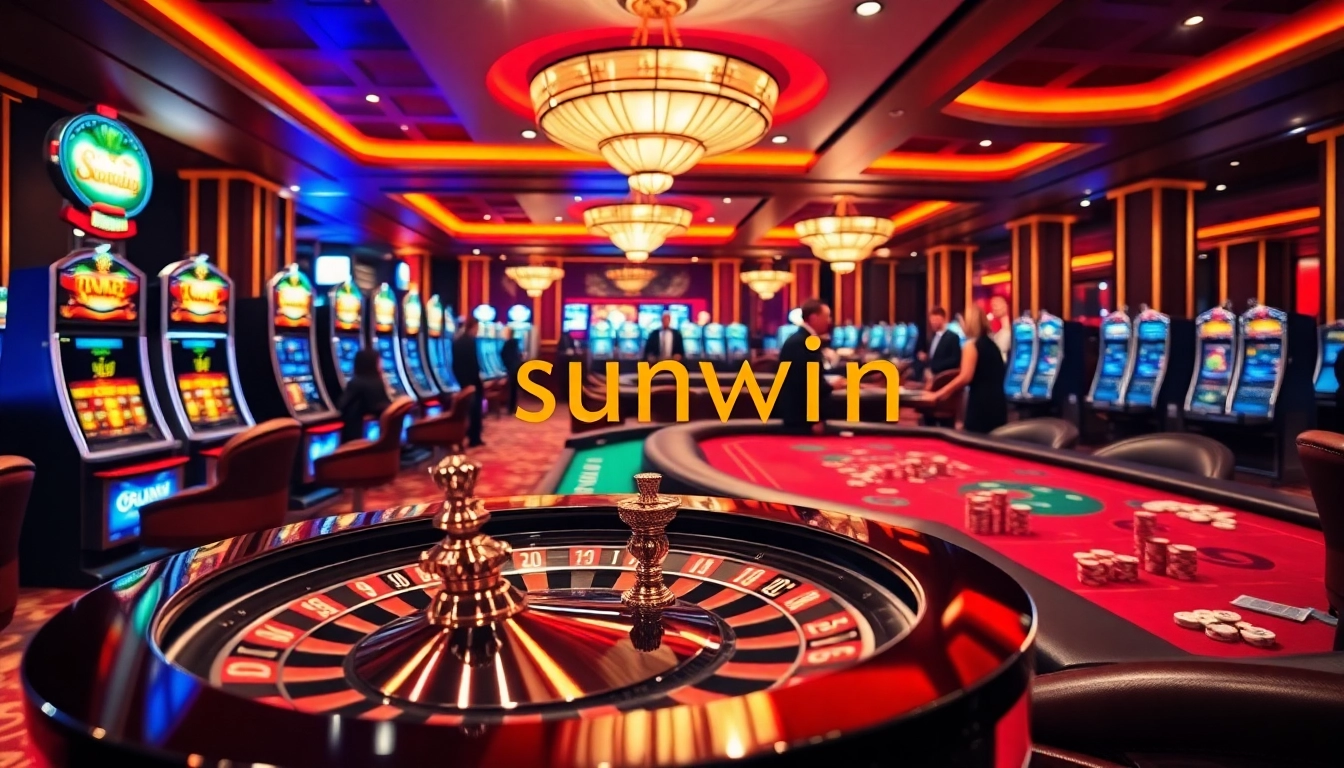 Experience the thrill of sunwin at a luxurious casino with poker tables, roulette wheels, and excited players.