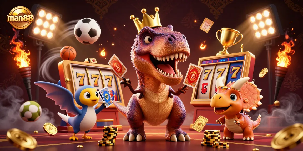 Experience man88 excitement as a T-Rex shuffles cards with a pterodactyl's help in a vibrant casino scene.