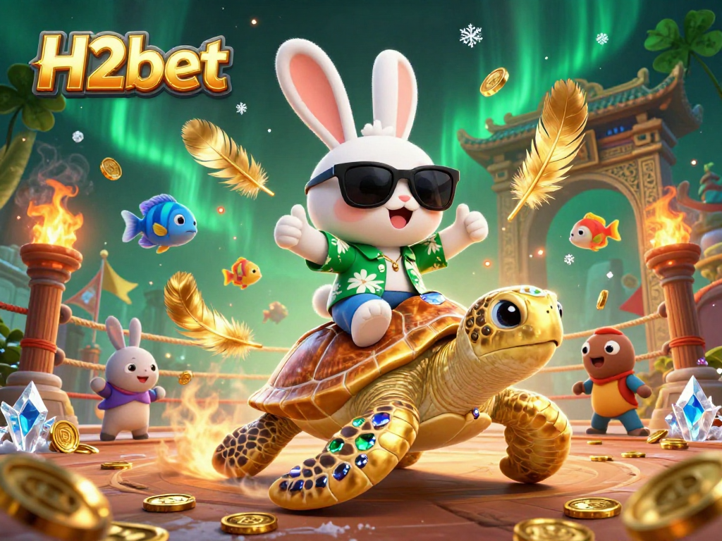 Experience thrilling gameplay at H2bet with a lucky rabbit and golden turtle in a vibrant casino scene.