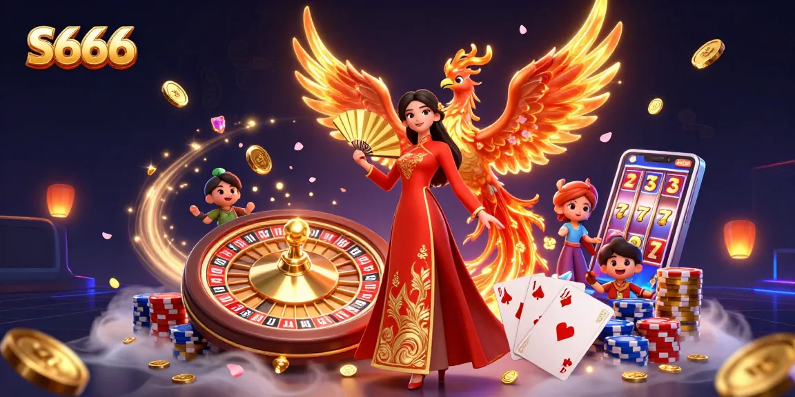 S666 players enjoying a vibrant online casino experience with golden coins and festive cherry blossoms.