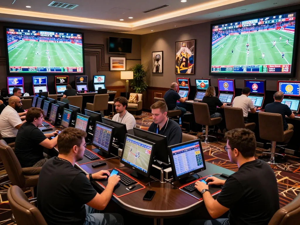 Engaged bettors analyzing tỷ lệ kèo nhà cái at a vibrant sports betting lounge.