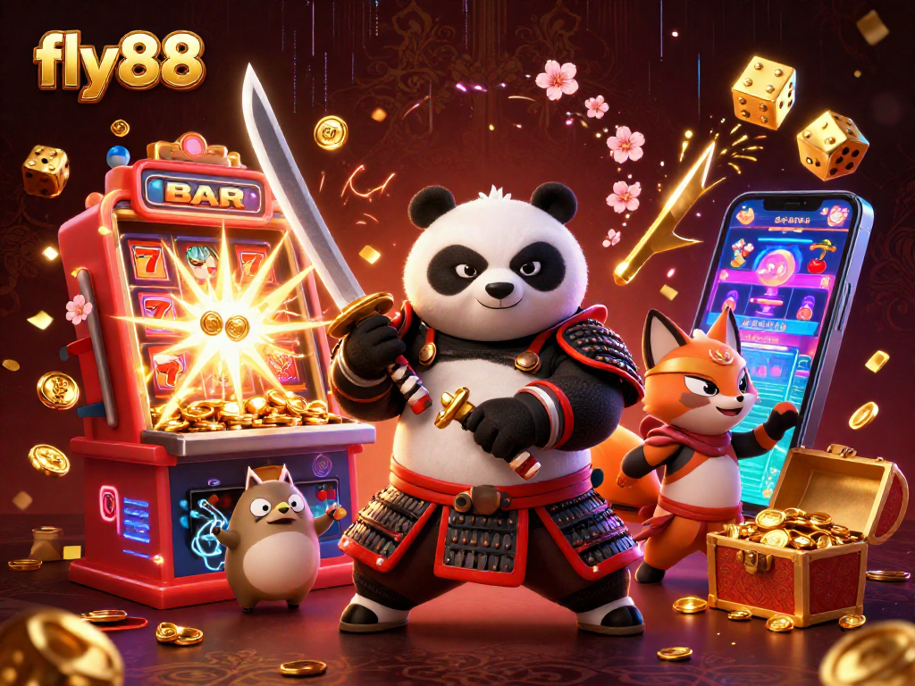 Experience thrilling play at fly88 with samurai panda and ninja fox amidst magical casino excitement.
