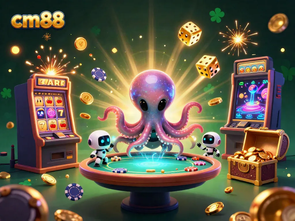 Engage with cm88's captivating casino experience featuring an alien octopus at a holographic poker table.