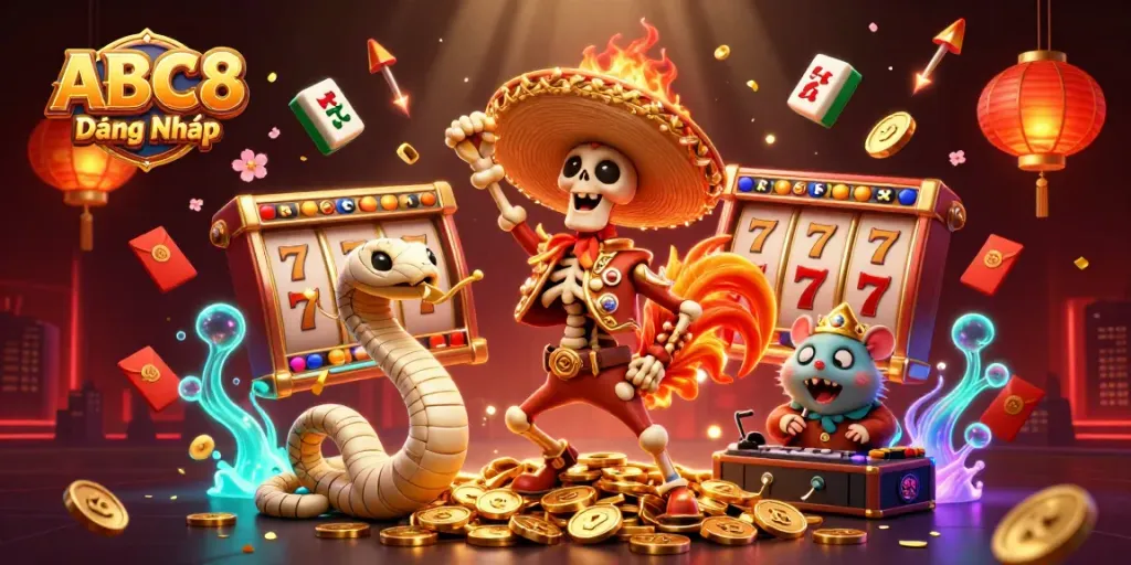 Experience the excitement at ABC8 Đăng Nhập with vibrant 3D casino characters celebrating among golden coins.