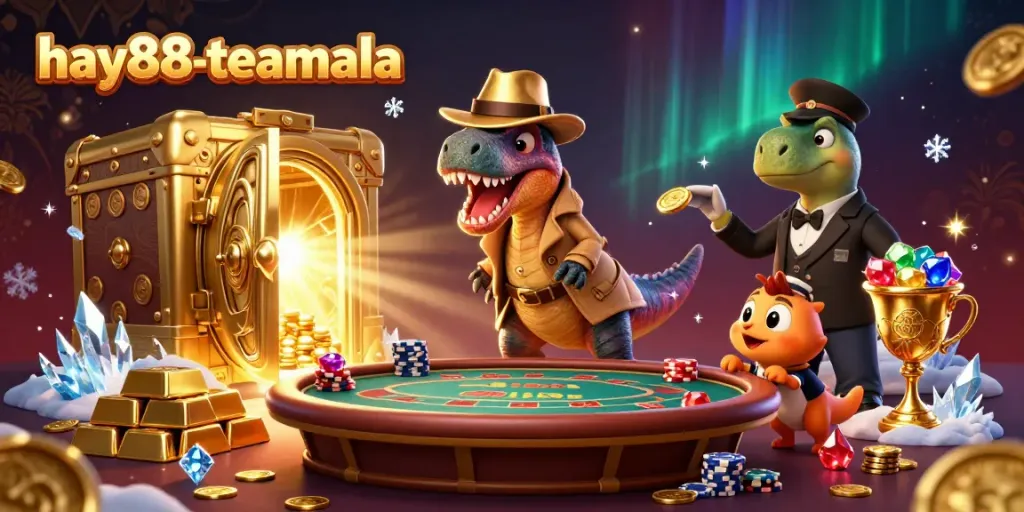 Experience the thrilling action at hay88-teamala with a velociraptor card counter and a stegosaurus pit boss amidst dazzling treasures.