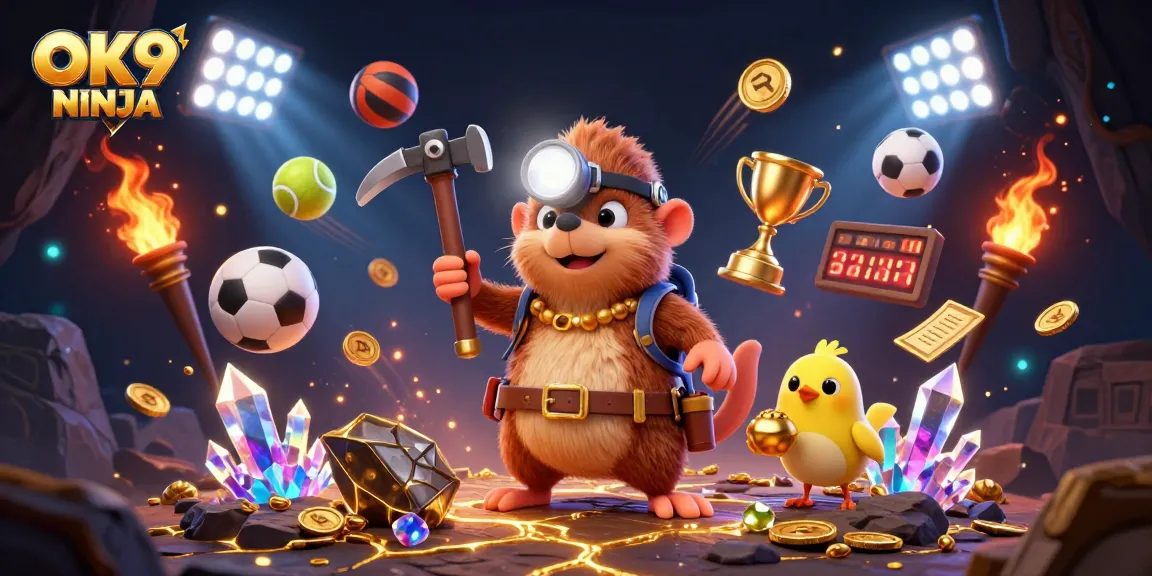 Bet on winning moments with OK9 NINJA’s vibrant treasure hunting scene featuring gold sports elements.