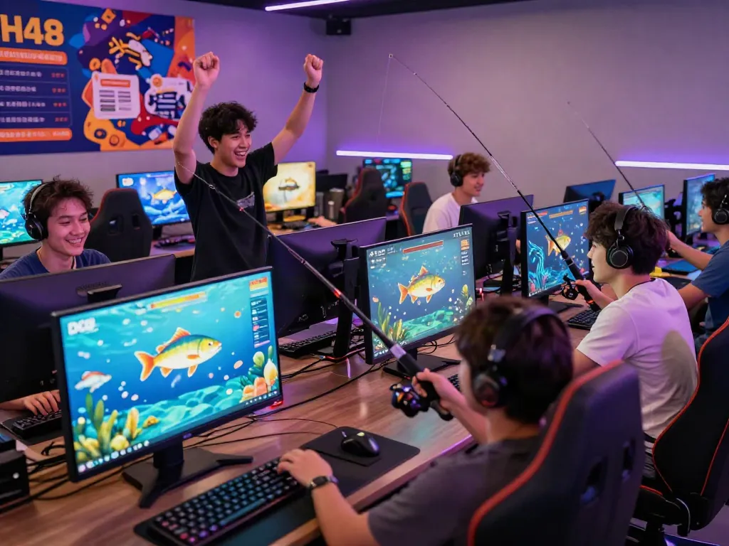 Excited players enjoying a multiplayer fishing game on DU88 in a vibrant gaming lounge.