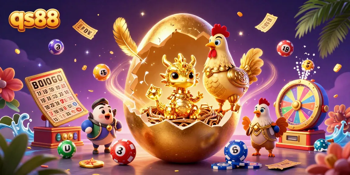 Experience winning with qs88 as a baby dragon emerges from a golden egg amidst vibrant casino elements.