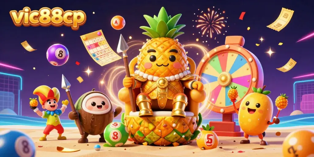 Experience thrilling fun at VIC88cp with an exciting 3D illustration featuring casino-themed characters and game elements.