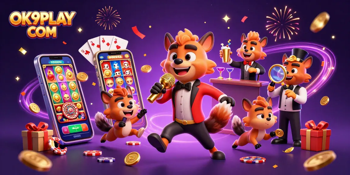 Experience fun with the vibrant OK9PLAY COM casino scene featuring hyena characters and game elements.