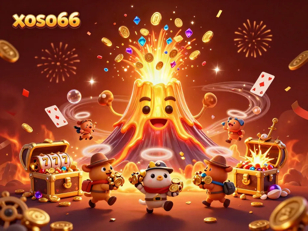 Experience thrilling gameplay with xoso66 as colorful gems and coins erupt from a golden volcano in this vibrant digital illustration.