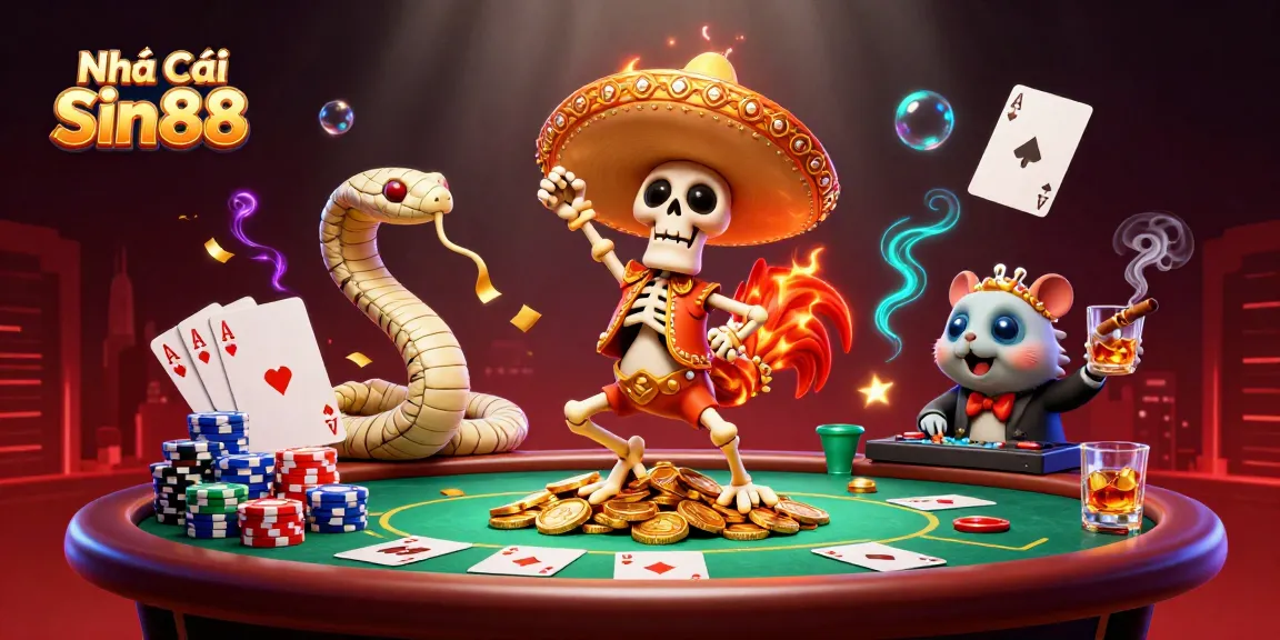 Celebrate with Nhà Cái Sin88 as a mariachi rooster dances on gold coins at a lively casino scene.