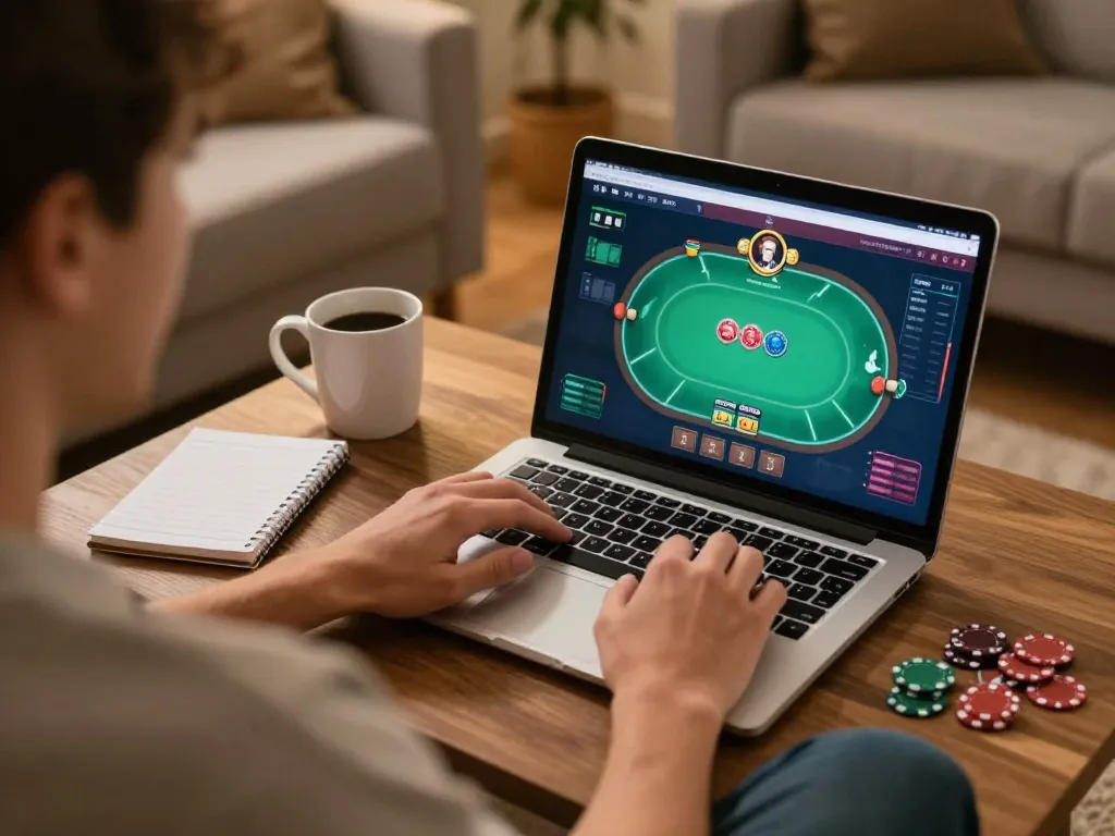 Player analyzing their 789win link mới while engaging in online poker game, cozy home environment highlighting strategic gameplay.