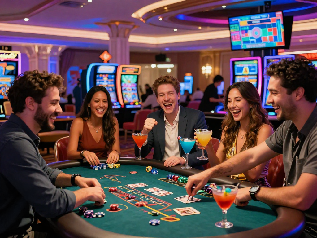 Play dynamic games at https://vin88-casino.games/ in a vibrant casino setting, where friends enjoy blackjack under colorful neon lights.