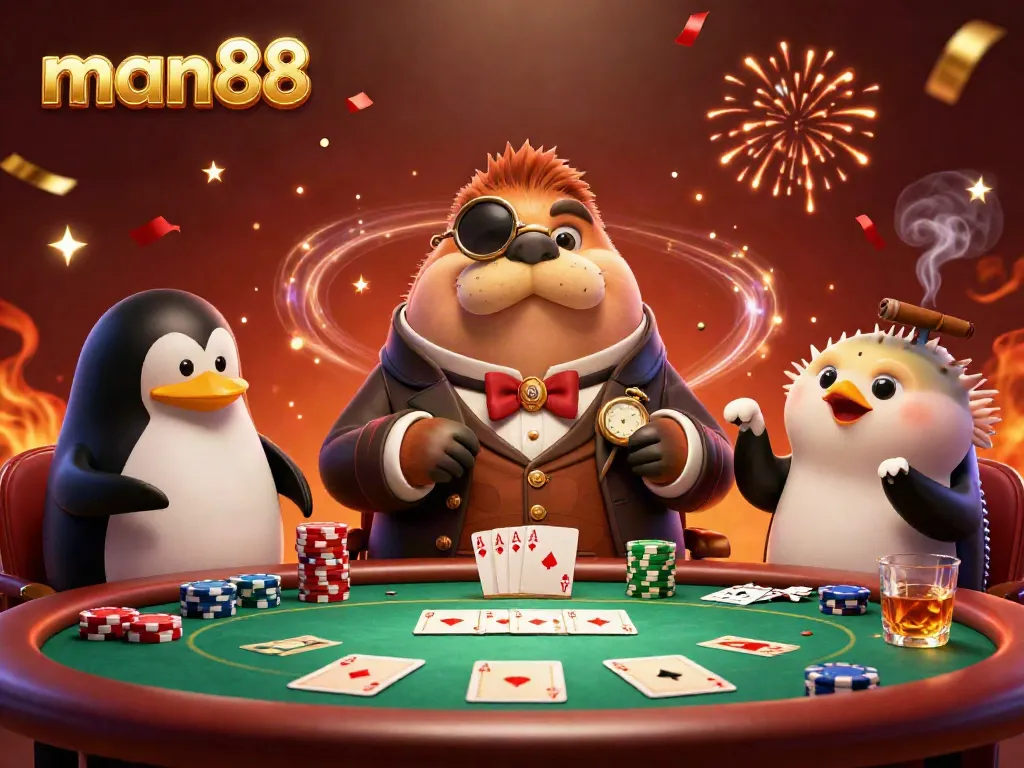 Experience thrilling poker action at man88 with a playful walrus, penguin dealer, and bluffing pufferfish.