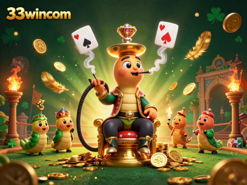 Experience the thrill of 33wincom with a vibrant 3D casino illustration featuring unique characters and elements.