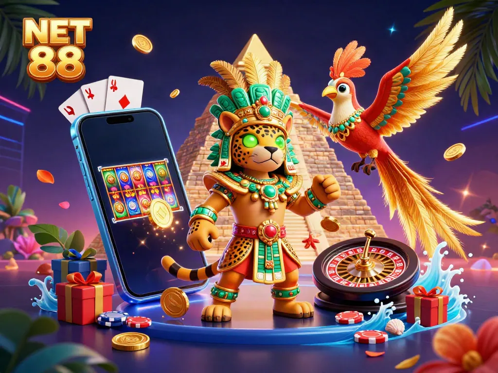 NET 88 gaming scene featuring a Mayan priest with a quetzal bird among casino elements