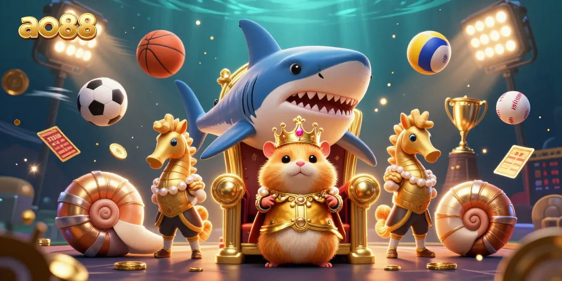Bet on excitement with ao88's vibrant 3D casino scene featuring a regal hamster king amidst dynamic sports elements.