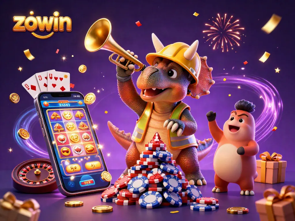 Zowin illustrates a vibrant casino scene with a playful triceratops and gaming elements, celebrating fun and excitement.