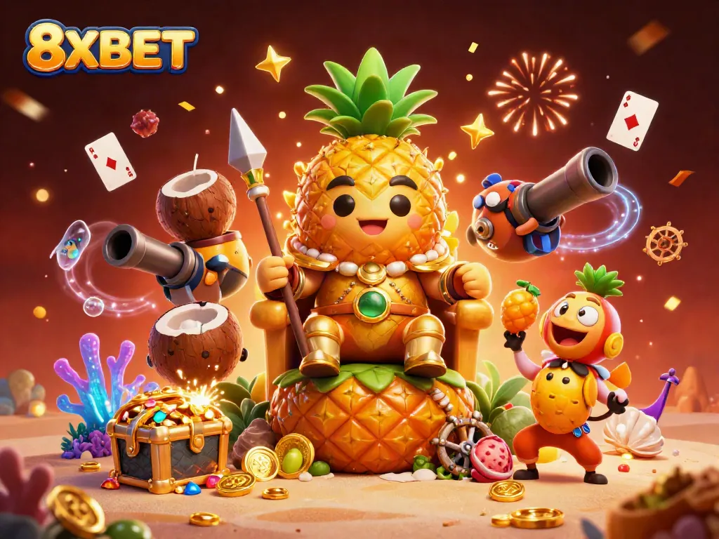 Experience the vibrant world of 8XBET with engaging casino elements in an ultra-detailed 3D scene.