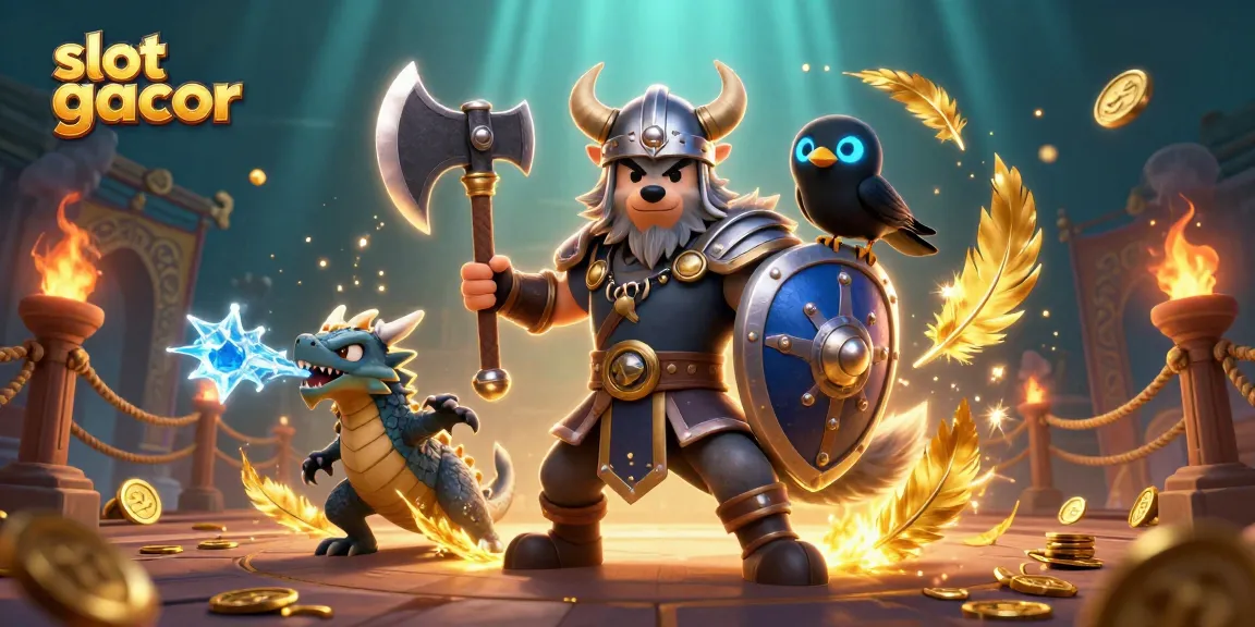 Engage with slot gacor as a Viking wolf warrior and a dragon in a vibrant, dynamic casino battle scene.