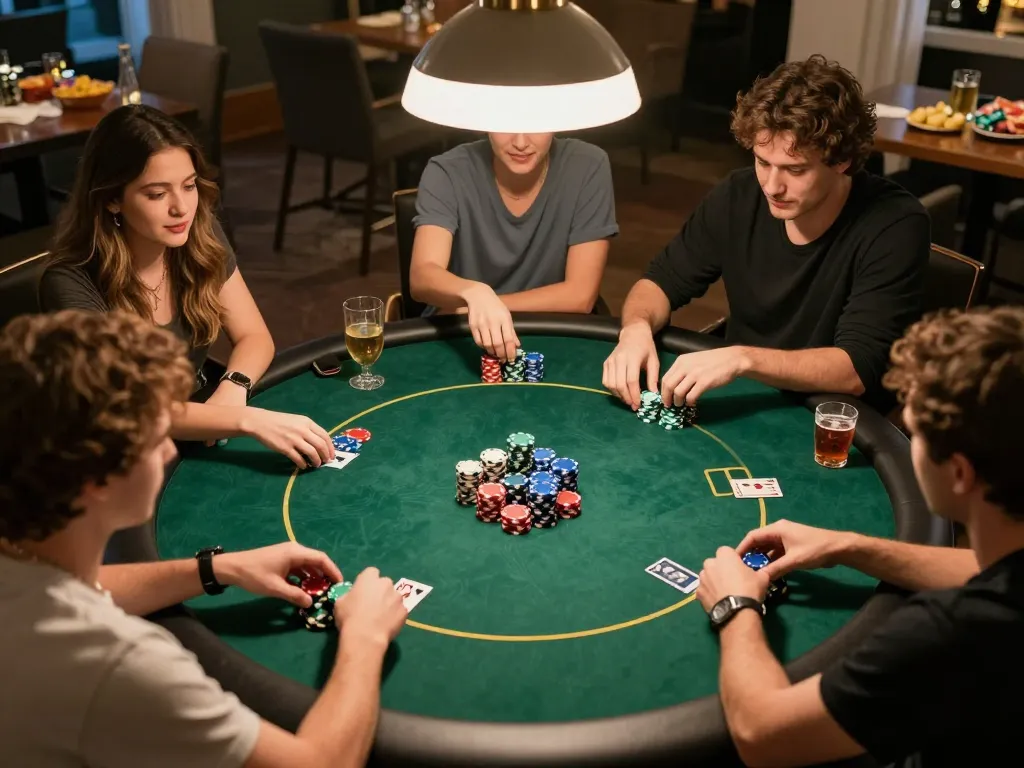 Friends enjoying a lively poker game at home while strategizing their bets on C168.