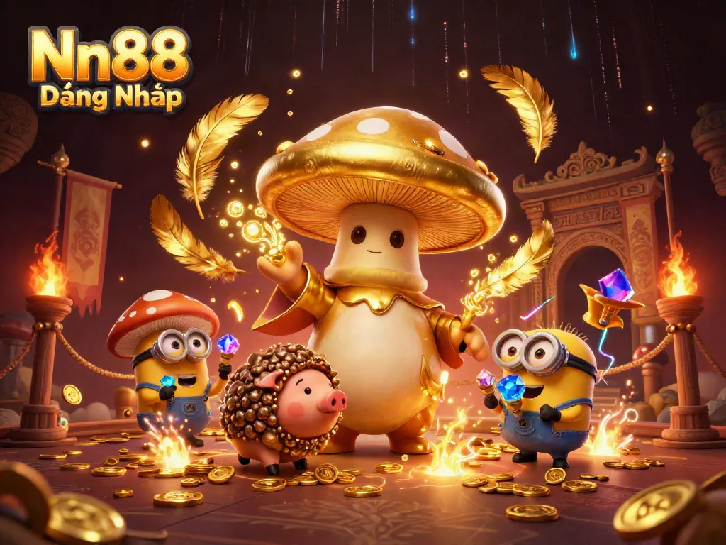 Nn88 Đăng Nhập offers a magical gambling experience with a golden wizard, truffle pig, and minions amidst swirling treasures.