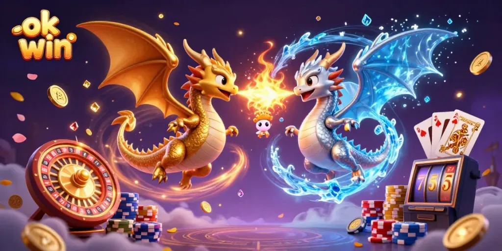 Experience the thrill of ok win as twin dragons breathe fire and ice among coins and casino elements.
