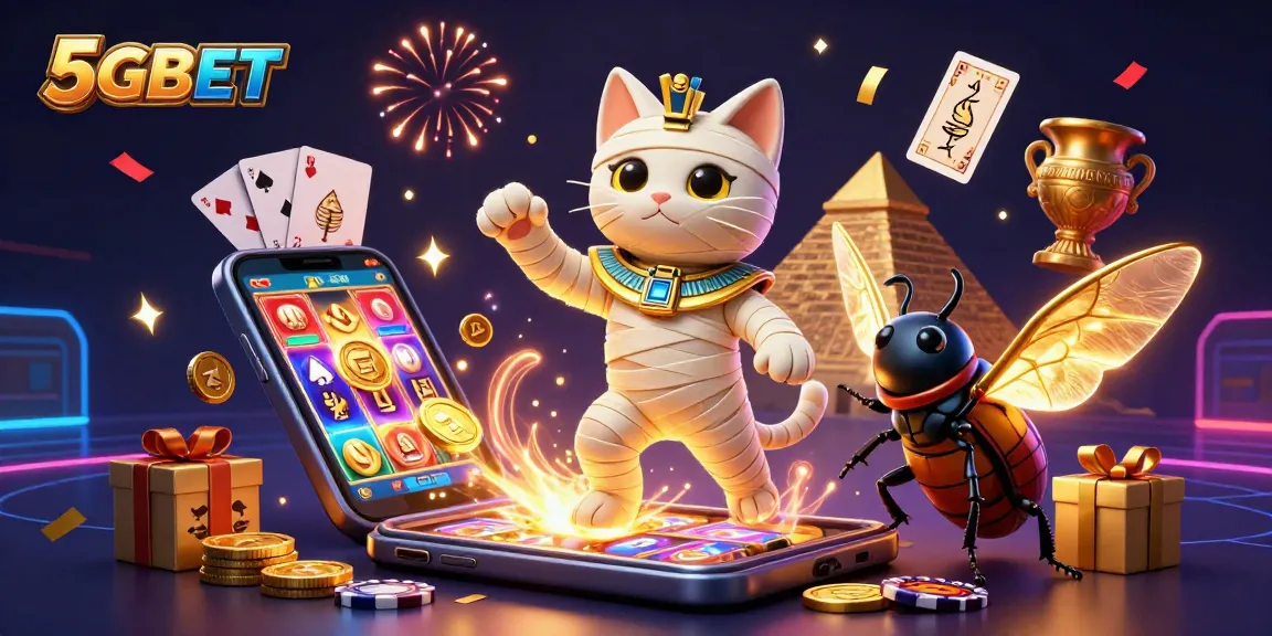 Experience 5GBET with a vibrant 3D scene of a cartoon Egyptian mummy cat and events lighting up a casino.