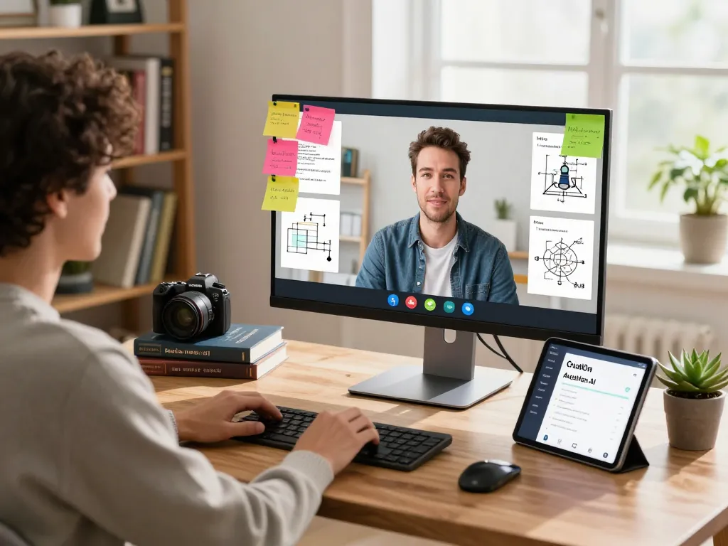 Engaging scene where a user interacts with Crush on AI in a modern workspace, showcasing vibrant AI avatars and a cozy home office.