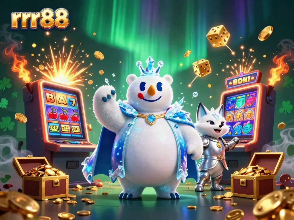 Experience excitement with rrr88 as the ice king and snow fox celebrate wins in a vibrant casino scene.