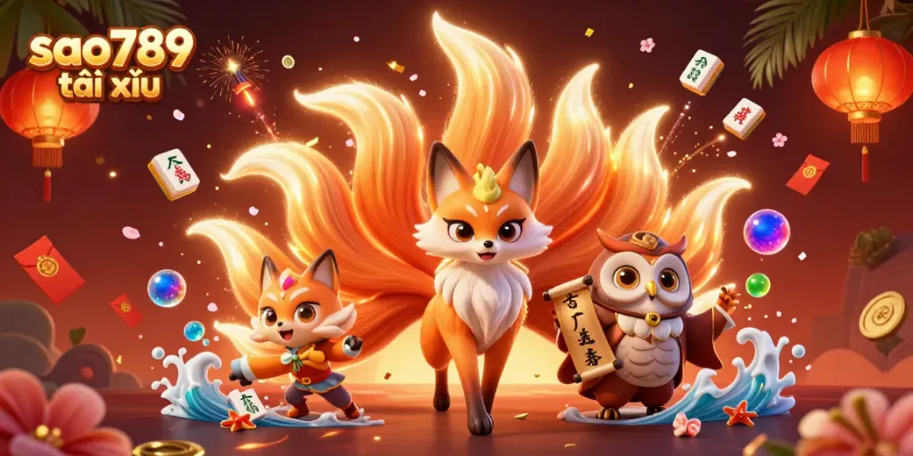 Engaging scene showcasing sao789 tài xỉu with a glowing nine-tailed fox and wise owl among vibrant game elements.