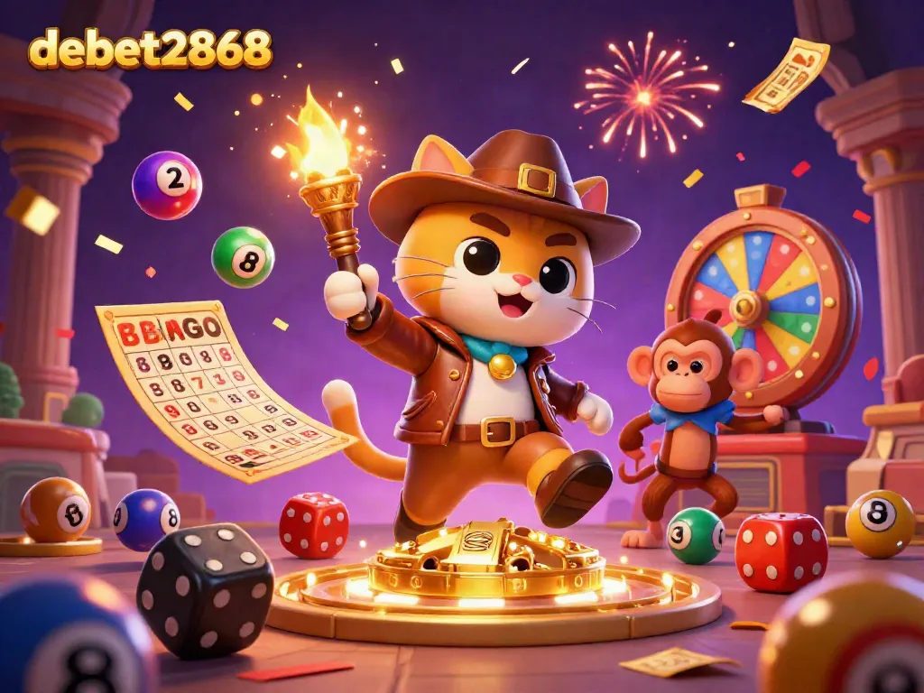 Engage with debet2868's thrilling casino adventure featuring archaeologist cat, colorful lottery elements, and gold artifacts.