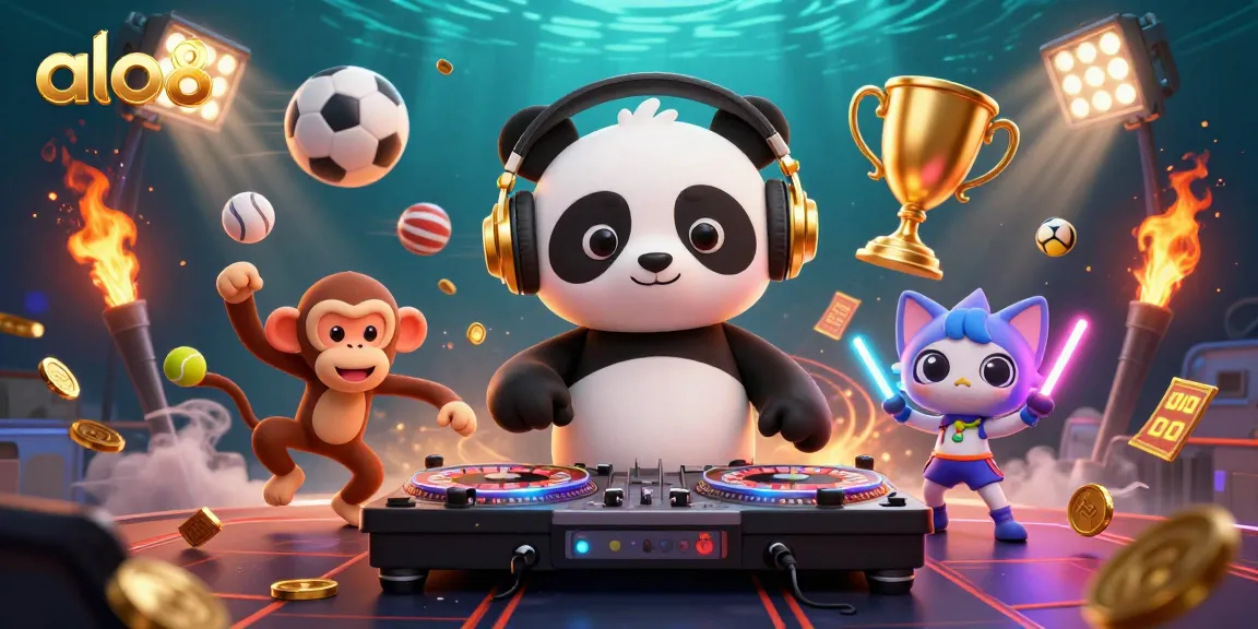Alo8 brings excitement with a DJ panda, breakdancing monkey, and rave kitten in a lively casino-themed illustration.