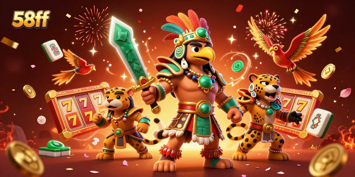Engage with 58ff, where action unfolds amidst vibrant colors, slot reels, and Aztec warriors in a dynamic casino scene.