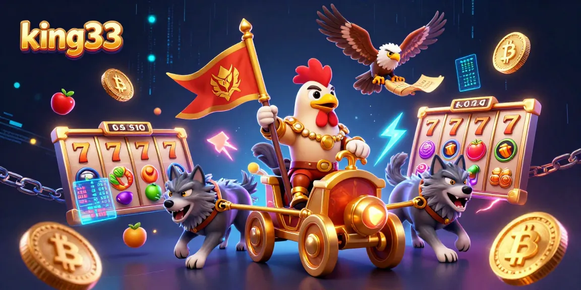 Experience thrilling gameplay at king33 with a vibrant 3D casino scene of a rooster warlord and coin treasures.