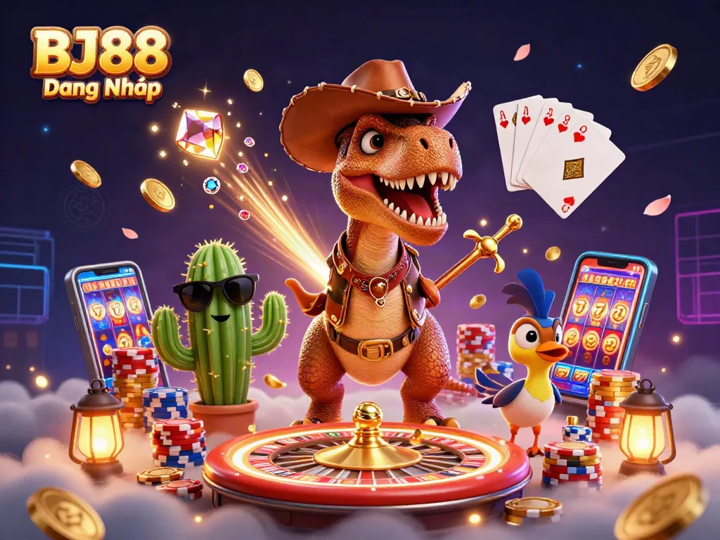 Experience the thrill of BJ88 Đăng Nhập with our dynamic casino illustration featuring vibrant characters and game elements.