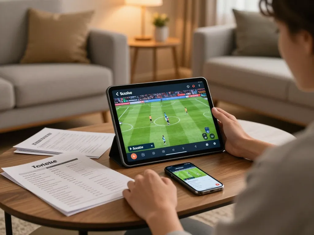 Socolive soccer streaming on tablet with engaging betting notes in cozy living room.