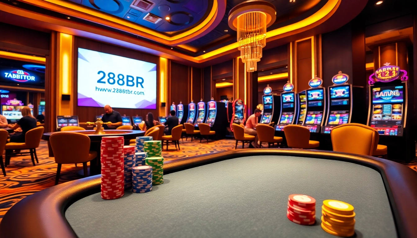 Engaging players at a luxurious casino with vibrant games and the website https://288tbr.com/ prominently featured.