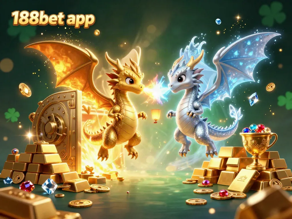 Engage with the thrilling 188bet app in a vibrant 3D scene showcasing dragons and casino treasures.