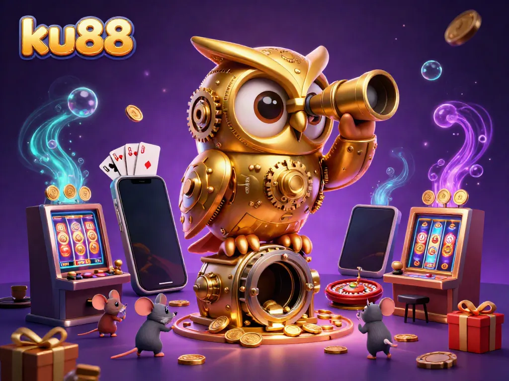 Experience the exciting world of ku88 casino with a vibrant 3D illustration featuring a golden owl and lively casino elements.