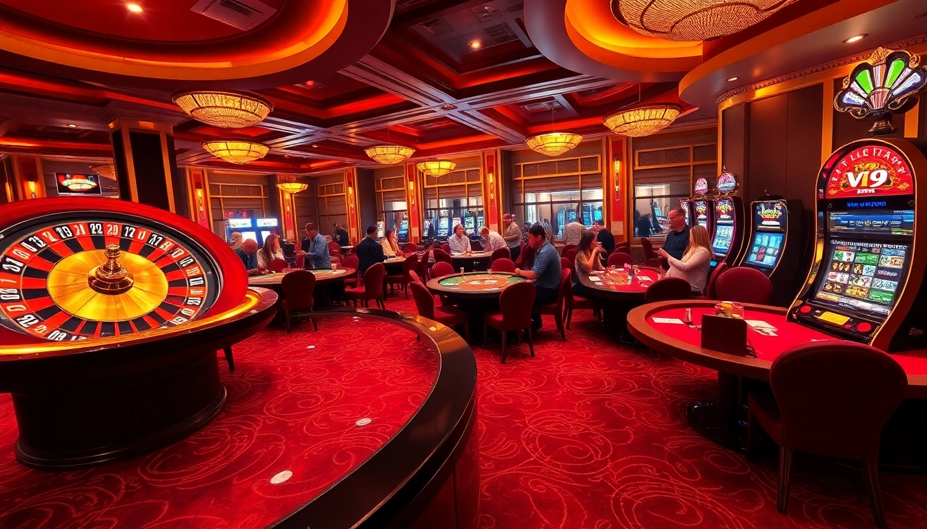 Experience the thrill of v9 bet at a luxurious casino with vibrant games and excited players.