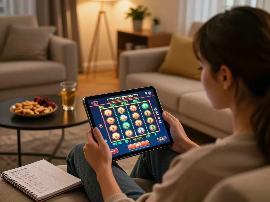 Enjoying online slots at https://rikvip09.com/ from a cozy home setting, with a notebook full of strategies.
