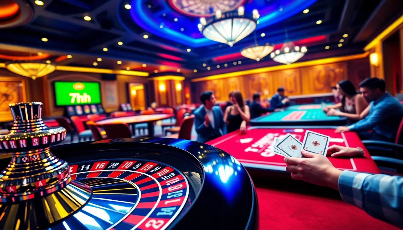 Engage in a thrilling game at 7hh casino, highlighted by vibrant poker tables and roulette wheels.