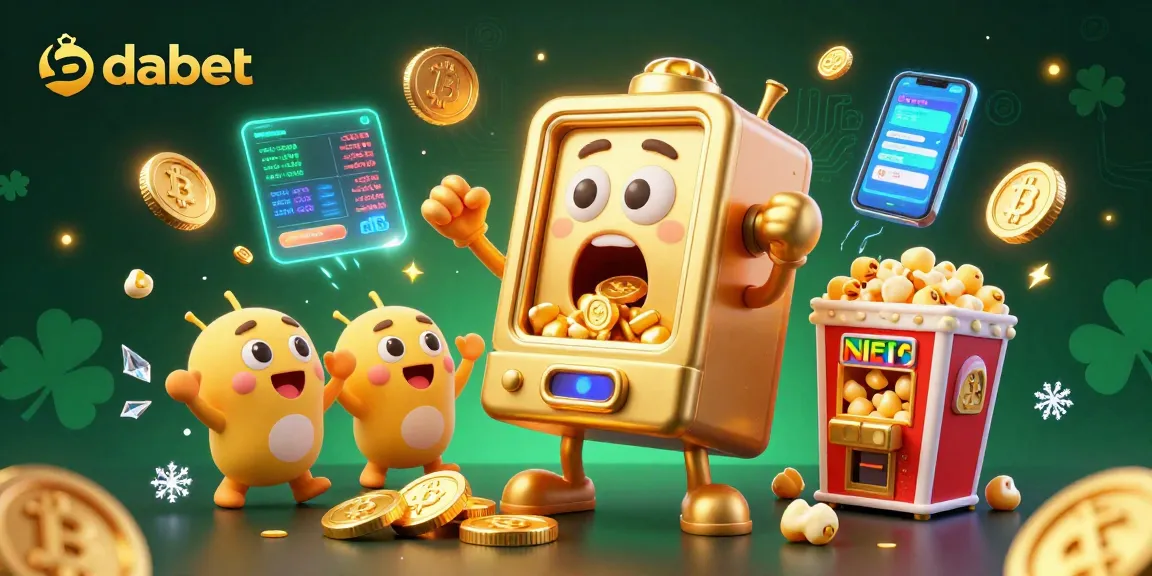 dabet showcases a vibrant scene with a golden slot machine hitting a jackpot, surrounded by crypto coins and cheering baby slots.