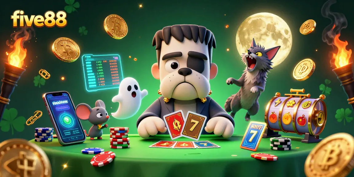 Engaging five88 casino scene with Frankenstein bulldog, ghost mouse, and werewolf kitten surrounded by vibrant slot elements and crypto coins.