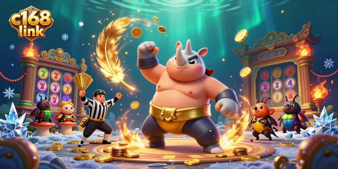 Experience dynamic play at c168 link with a lively scene featuring a sumo beetle champion and slot game elements.