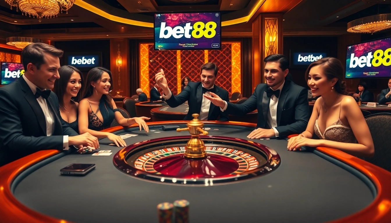 Excited players winning at bet 88 casino tables, showcasing chips and roulette action.