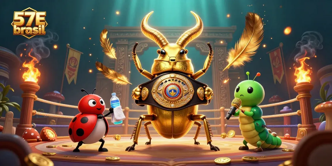 Experience thrilling wins at 57E brasil with a golden stag beetle champion facing off in a vibrant casino arena.